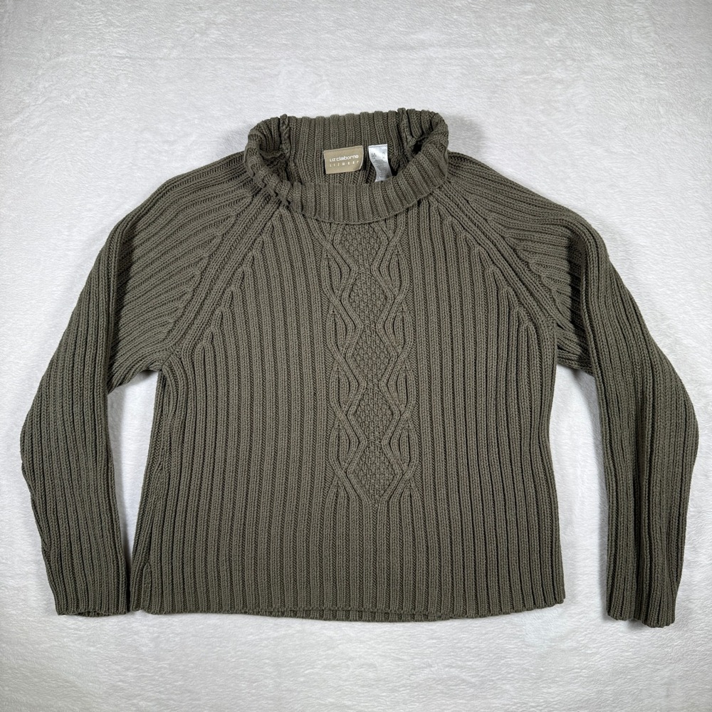 Liz Claiborne Turtleneck Cable Knit Sweater Olive Green Cotton Acrylic‎ Blend XL